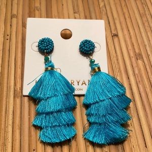 Aqua blue tassel earrings gold hardware bohemian fun dangle earrings NWT